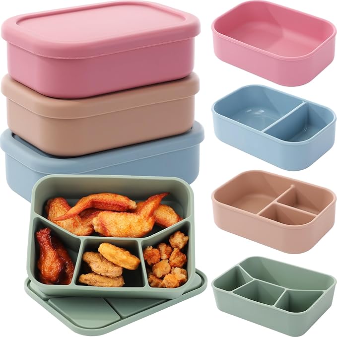 4 Pcs Silicone Bento Box Reusable Lunch Container Compartment Leakproof Meal Prep Snack Box for Adult Office School Travel Food Storage