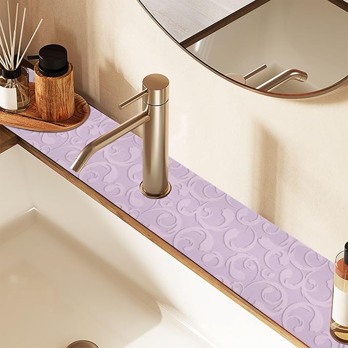 Kitchen Sink Splash Guard 1 PC 14.7 Inch Sink Faucet Mat Splash Guard for Bathroom Countertop Water Absorbent Foldable Cuttable Soft Washable Floral Vintage Purple