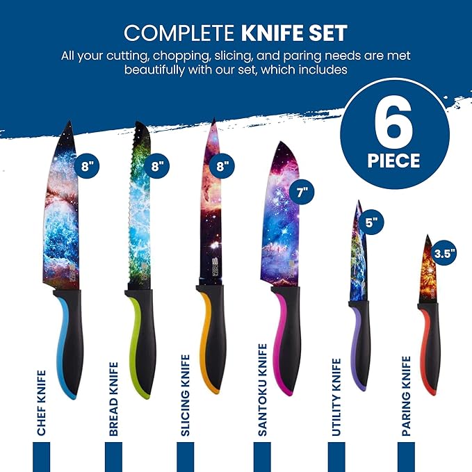 CHEF'S VISION Cosmos Knife Set - 6-Piece Stainless Steel Cutting Knives Set for Kitchen with Vibrant Cosmos Design - Great House Warming Gift for Women or Men - Unique Kitchen Knife Set Gift