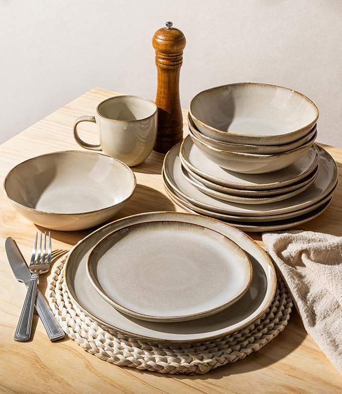 GBHOME Stoneware Dinnerware Sets for 4, 12 Pieces Rustic Earthenware Plates and Bowls Set, Handmade Reactive Glaze Ceramic Plate Sets, Chip Resistant Dishes, Microwave & Dishwasher Safe, Oatmeal Linen