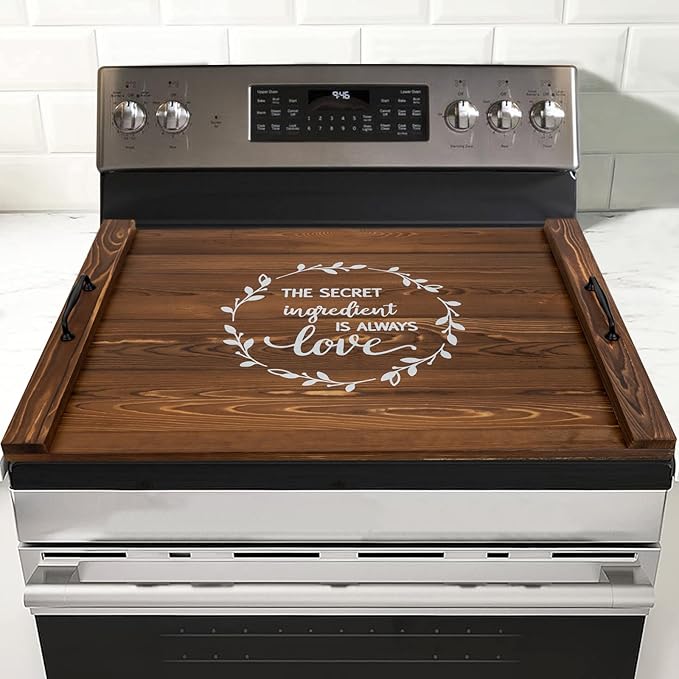 Noodle Board Stovetop Cover with Handles, Sink Wood Block Covers for Electric & Gas Stove, RV Stove Burner, Farmhouse Decorative Wooden Tray for Kitchen-The Secret Ingredient is Always Love