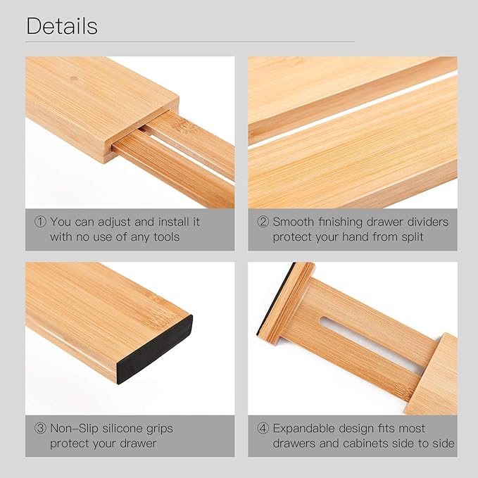 Utoplike 4 pcs Bamboo Kitchen Drawer Dividers(16.8-21.8IN) and Bamboo Cutlery Tray Silverware, Drawer Dividers for Kitchen Utensils