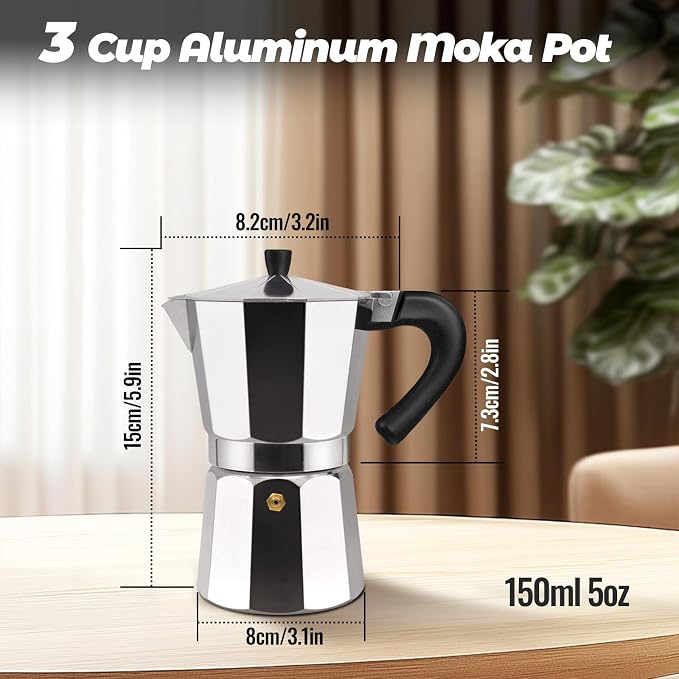 3 Cup Aluminum Moka Pot Classic Stovetop Espresso Coffee Maker 150ml 5oz Coffeemaker Percolator Mocha Pot Greca Coffee Maker Cafe Makers for Italian and Cuban Café Brewing Silver