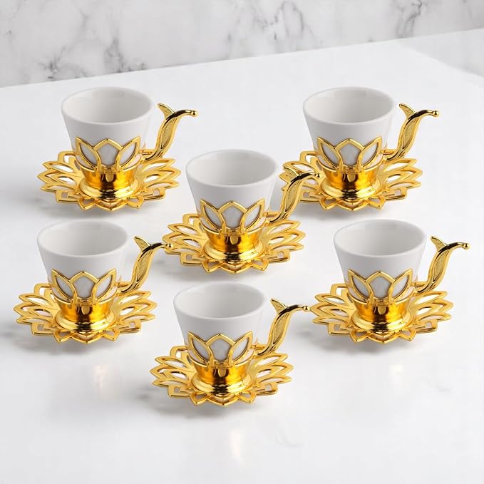 Alisveristime (Set of 6) Turkish Coffee Set with Porcelain Cups, Zamac Holders & Saucers – 80ml Capacity, Ottoman Motif, 4 Color Options (Gold)