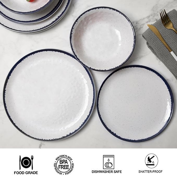 12-Piece Melamine Dinnerware Set for 4 - Retro Speckled Pattern | Lightweight & Scratch Resistant Plates & Bowls, Indoor/Outdoor Use