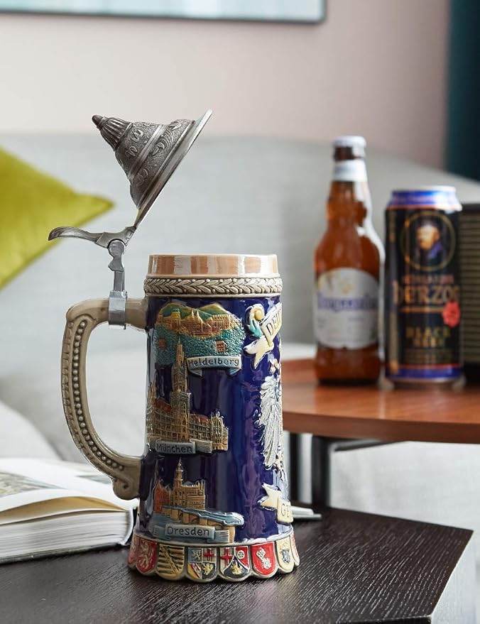 HAUCOZE Beer Stein Mug German Coats of Arms Drinking Viking Tankard with Pewter Lid Birthday Gifts for Men Father Husband 0.6 Liter