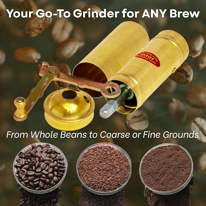 Sozen 9" Manual Coffee Grinder Brass – Hand Crank Burr Mill for Turkish Coffee, French Press, Espresso, Camping & Home Use – Portable Coffee Bean Grinder, Adjustable Conical Grinder