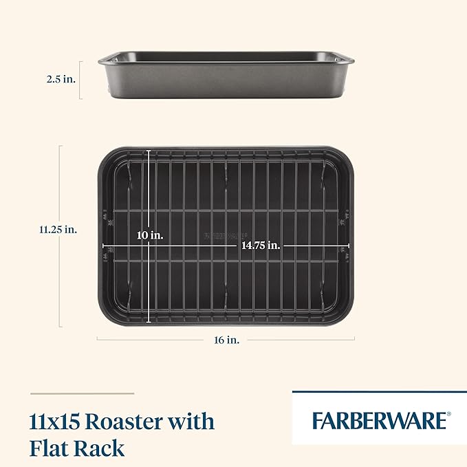 Farberware Bakeware Nonstick Roaster with Flat Rack, Roasting Pan with Rack For Home Cooking, 11-Inch x 15-Inch, Gray