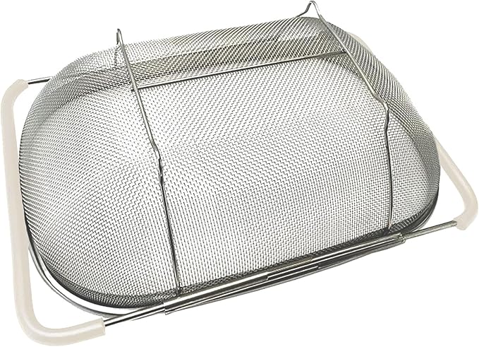 AJIODA Over The Sink Colander, 6 Quarts Stainless Steel Oval Colander with Expandable Rubber Grip Handle, Fine Mesh Strainer Baskets Kitchen Colanders for Strain, Drain, Rinse Vegetable, Fruits, Beige