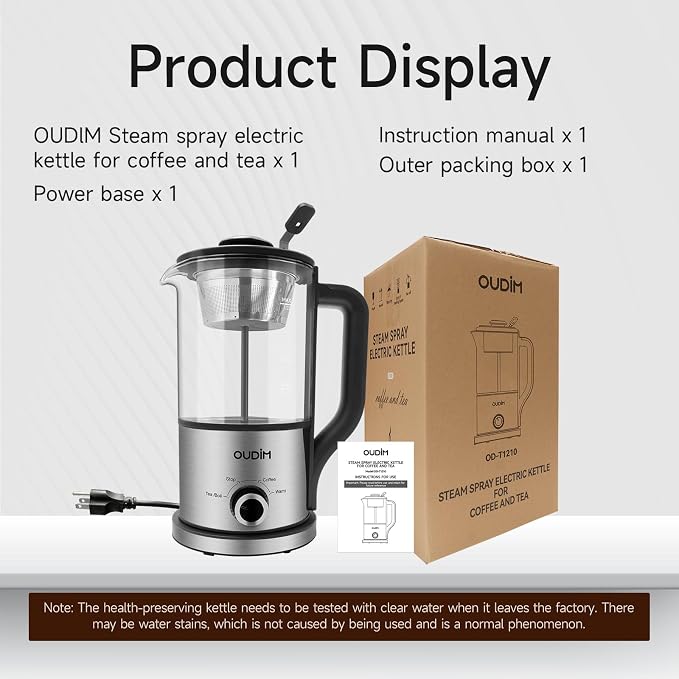 oudim Drip Electric Coffee Maker and Electric Kettle, 600 Watts, 1.2L, BPA-Free, Glass and Stainless Steel, Tea Kettle