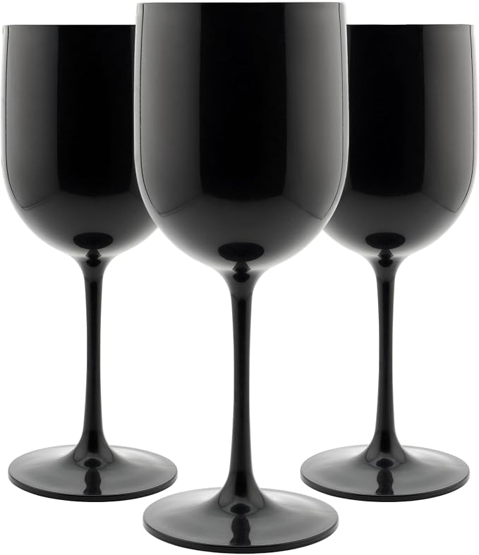 FOX & GRAPES Plastic Stemmed Wine Glasses | Unbreakable/Shatterproof, Reusable, Food Safe, Dishwasher Safe, For Birthday and Party, 16oz (Black, Set of 6)