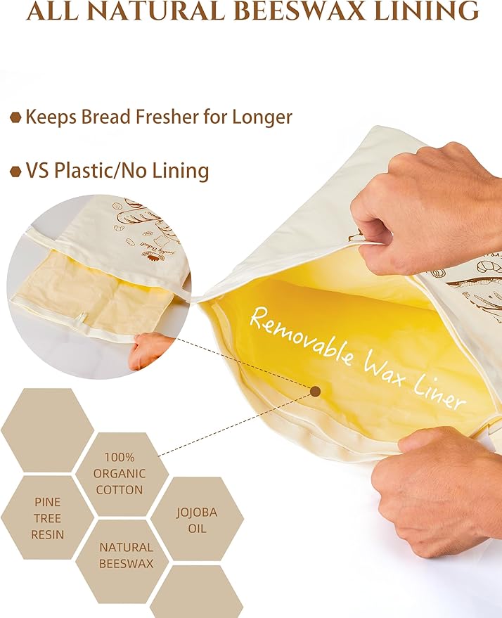 Beeswax Bread Bags 2 Pack Reusable Sourdough for Homemade, Large Washable Cotton Linen Food Storage with Removable Wax Liner, Plastic Free Eco Friendly Biodegradable Camping Ready Bento 17x13 Inch