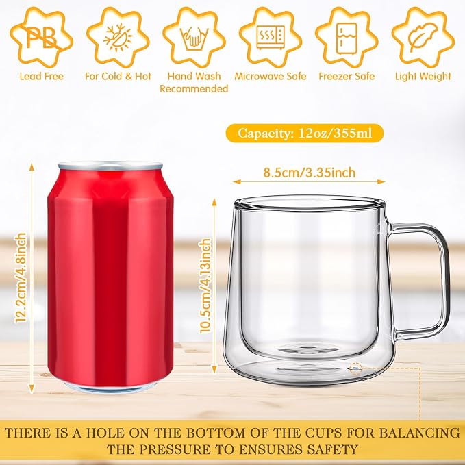 Patelai Glass Coffee Mugs Set of 4, 12 oz Clear Double Walled Coffee Cups Glasses Insulated Latte Mugs with Handle Espresso Clear Cups for Hot and Cold Beverages