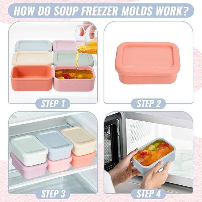 Teenyyou 6 Packs 1 Cup Silicone Soup Freezer Molds with Lid Silicone Soup Freezer Trays Rectangle Reusable Food Preserving Tray Freezing Sauces Stews(Multiple Color)