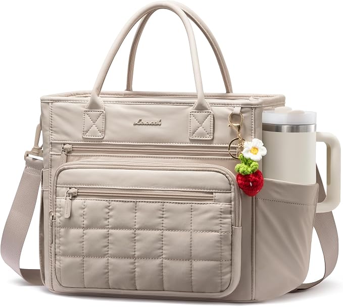 LOVEVOOK Insulated Lunch Bag Women,Puffer Adult Lunch Box for Women with Handmade Strawberry Charm,Wide Opening Leakproof Cooler Bag with Cup Holder for Work Picnic Beach Family College Mom Teacher