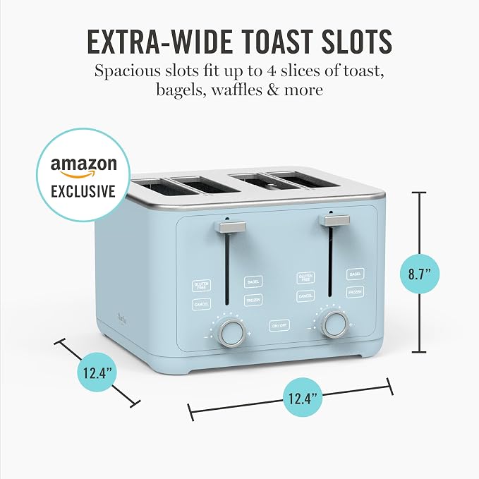 Martha Stewart 4 Slice Toaster, 10 Shade Settings with Defrost, Cancel, Bagel & Gluten-Free, Extra-Wide Self-Centering Slots for Waffles & Artisan Bread, Removable Crumb Tray, Cord Wrap, 1800W, Sky