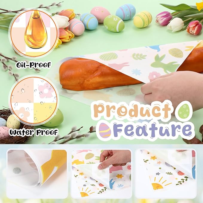 Reallnaive 300 Pcs Easter Wax Paper Sheets 12 x 12 Inch Egg Bunny Flower Parchment Deli Tissue Paper Sandwich Wrapping Sheets Food Basket Liners for Kitchen Restaurant Baking Supplies, 6 Styles