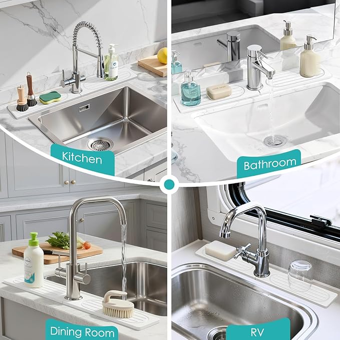 4Pcs Stone Faucet Mat for Kitchen Sink, Diatomite Quick Dry Water Absorbing Stone Tray & Sink Protector Splash Guard for Bathroom Counter, White, 23.46" x 3.86"