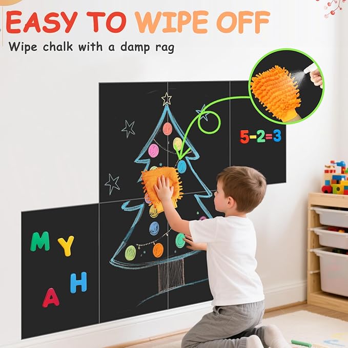 Magnetic Chalkboard Wall Decal Black Set of 6 Peel and Stick Magnet Sheets with Tangram Puzzle and Multiple Accessories Magnetic Chalkboard for Home Playroom and Classroom
