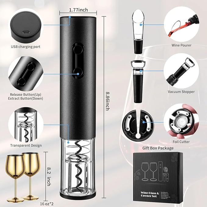 Wine Opener Electric Rechargeable, Automatic Corkscrew Set, Including Gold Wine Glass of 2, Stainless Steel Goblet, Ideal Gift for Wine Lover, Wedding, Birthday, Girl, Men