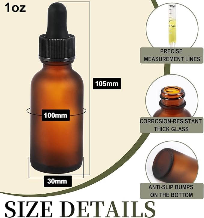 NOOEEISS 24 Pack,1oz Glass Dropper Bottle, Amber Tincture Bottles with Dropper, Pretty Finish for All Kinds of Liquids,Oil Bottles for Hair- Stronger Suction ideal for Leakproof Travel