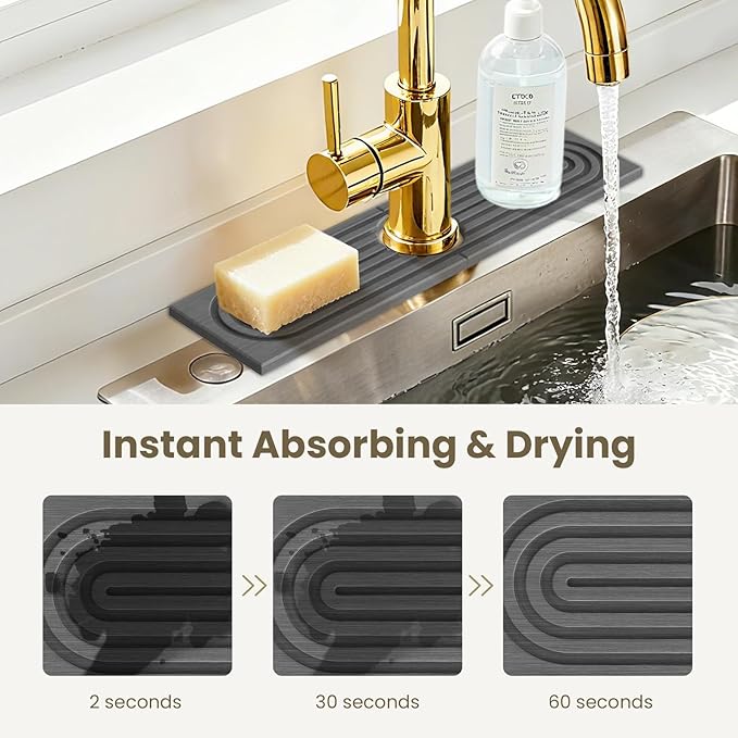 Premium Diatomite Stone Drying Mat for Kitchen Counter, Faucet Mat for Kitchen Sink, Sink Protector & Splash Guard, Quick-Dry Kitchen Sink Mat,Super Absorbent (Gray, 15.8"x4")