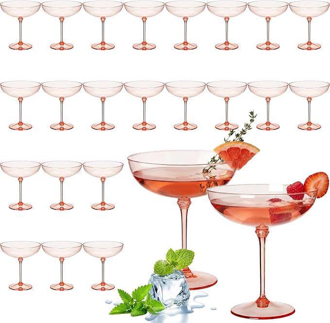 LemonRoad 24 Pcs Plastic Coupe Glasses 9 oz Disposable Martini Glasses for Cocktails, Champagne, Desserts and Espresso, Drinkware Set for Weddings, Birthday Parties, Home Bars (Champagne Powder)