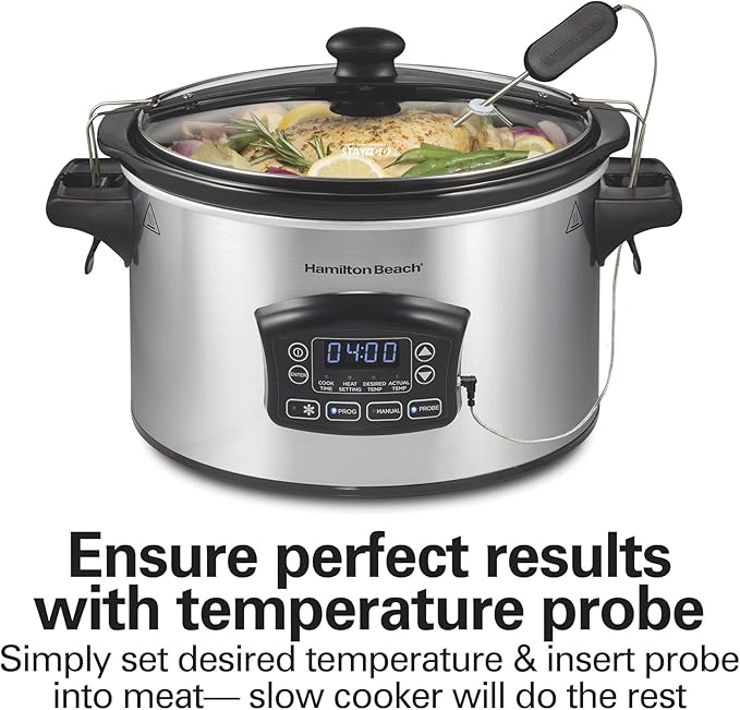 Hamilton Beach Portable 6 Quart Set & Forget Programmable Slow Cooker | Defrost Setting | Lid Lock For Easy Travel | Dishwasher Safe Crock & Glass Lid | Silver | 33869