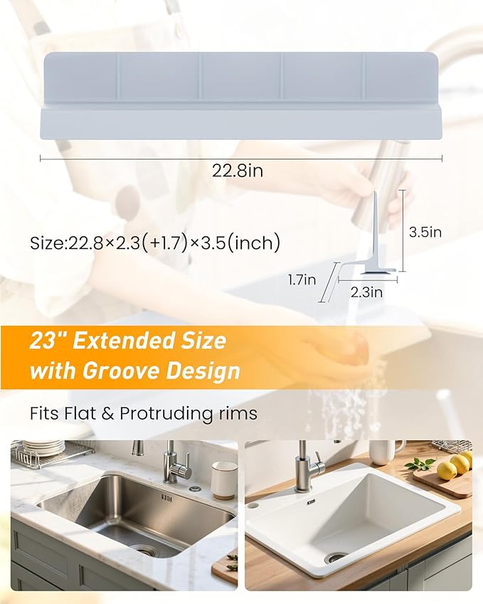 Kitchen Sink Splash Guard 23" 18" 30" Silicone Water Guard with Strong Suction Cups, Faucet & Countertop Protector, Bathroom & Sink Edge Splash Guard Strip, Dishwasher Safe-Grey 23"