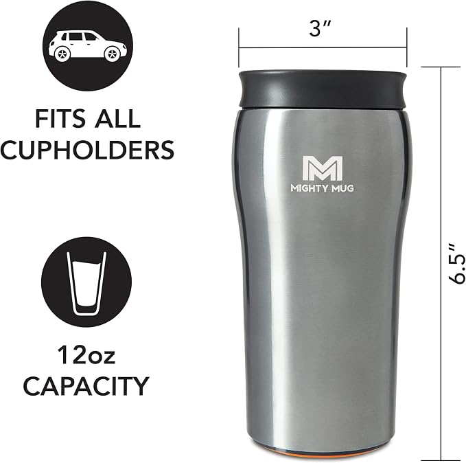 Mighty Mug | The Untippable Mug | Grips When Hit, Lifts for Sips | Insulated Stainless Steel Tumbler | Cupholder Friendly | Gifts for Women Men All | Leakproof | 4 Hrs Hot/24 Cold | 12oz | Black Pearl