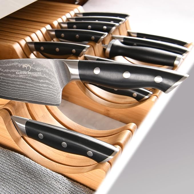 In-Drawer Knife Block with 14 Pieces Japanese Damascus Knives and Sharpener, Bamboo Knife Drawer Organizer with 67-Layer Damascus Steel, Slots for 13 Knives Kitchen Drawer, Counter Top