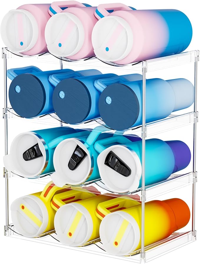 Yieach 4 Tier Stackable Water Bottle Organizer for Kitchen Cabinets,Countertop,Large Compartment Wine Rack and Water Bottle Holder for 40 oz Yeti,Stanley Cup,Waterbottle and Other Tumbler Organizer