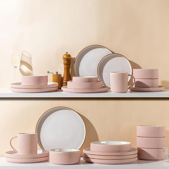 GBHOME Stoneware Dinnerware Sets for 4, 12 Pieces Lightweight Ceramic Ribbed Plates and Bowls Set, Reactive Glaze Stackable Plate Sets, Scratch Resistant Dishes, Microwave & Dishwasher Safe,Pink