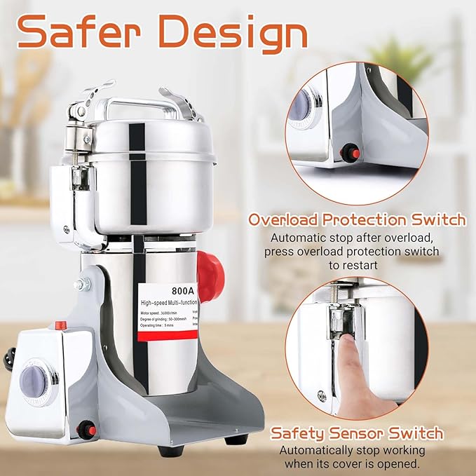 BI-DTOOL Electric Grain Mill Grinder 800g Stainless Steel Pulverizer 36000r/min High-speed Grain Mill 1800W Dry Material Grinding Machine 270° swingable Superfine powder for Home and Commercial