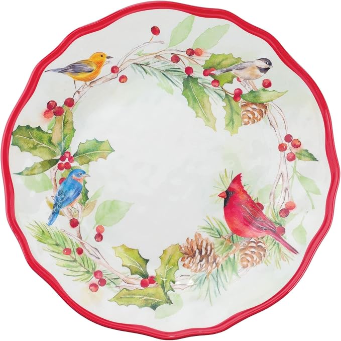 UPware 12 Piece Winter Birds Melamine Dinnerware Sets, Outdoor Dishes Set, Plates and Bowls Sets, Christmas Decorations, Service for 4, Red