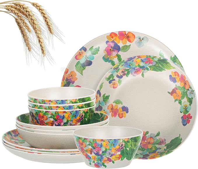 Unbreakable Dinnerware Set for 4 Natual with Hydrangea Flower 12 Piece Melamine Wheat Straw BPA Free Lightweight Dishwasher Safe Shatter Resistant for Camping Outdoor RV Party