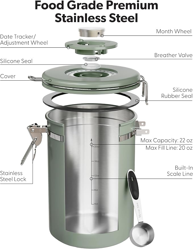 Veken Coffee Canister with Window, Airtight Stainless Steel Kitchen Food Storage Container with Lids, Date Tracker and Scoop for Ground, Beans, Tea, Flour, Cereal, Sugar Jars, 22OZ, Green
