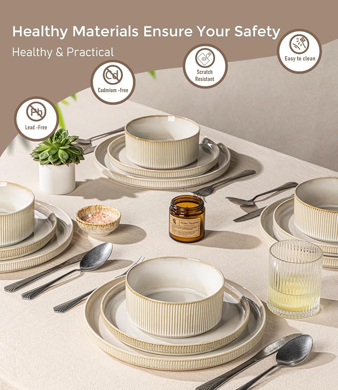 GBHOME 18-Piece Stoneware Dinnerware Set for 6 – Ribbed Ceramic Plates and Bowls, Scratch-Resistant, Microwave & Dishwasher Safe, Reactive Glaze, Oatmeal Veil