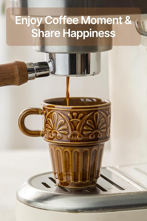 Ceramic Coffee Mug, Stackable Mug 3.3 OZ Coffee Mugs, Espresso Cups, Mugs Set of 6 for Latte Milk Hot Chocolate, for Men Women Kids, Ideal for Home Restaurant Daily Use & Holiday Gifting, Brown