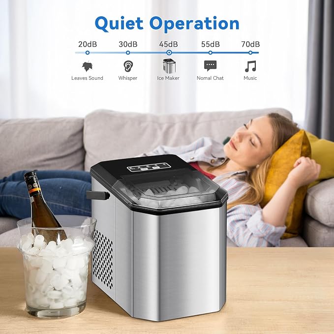 Countertop Ice Maker 26Lbs/24Hours Portable Small Ice Machine Stainless Steel Bullet Ice Machine with Scoop, Low Noise, Compact, Self-Cleaning Mini Ice Maker for Kitchen Office Camping Party