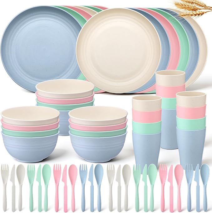 Zhehao 72 Pcs Wheat Straw Dinnerware Sets for 12 Dishwasher Microwave Safe Unbreakable Reusable Kitchen Cups, Plates, Bowls Cultery Sets for Patio, Outdoors, Rv, Camping Dishes(Macaron)