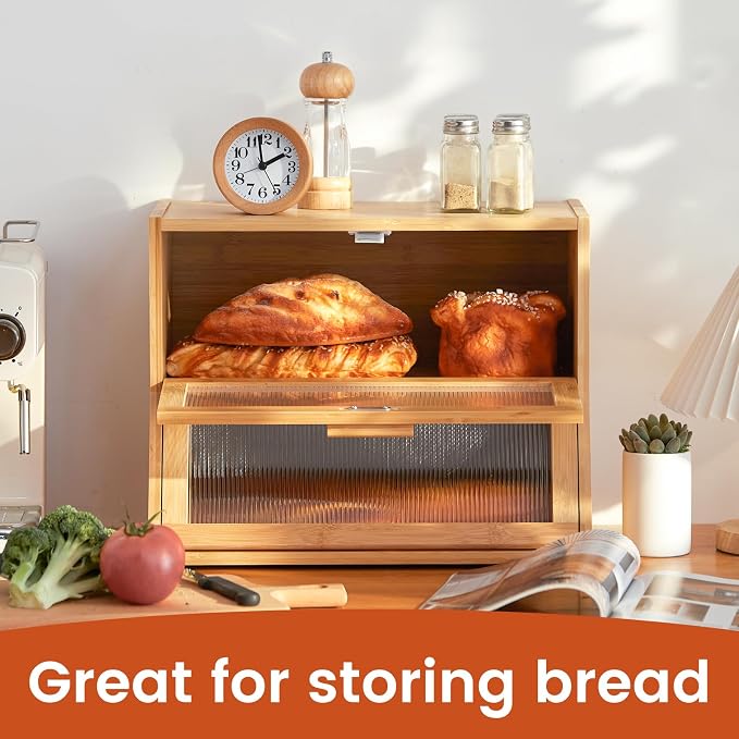 GHWIE Double Layer Bamboo Bread Box for Kitchen Counter,Large Capacity Bread Storage Bin,Bread Container with Acrylic Wavy Door Panel (Natural, Medium)