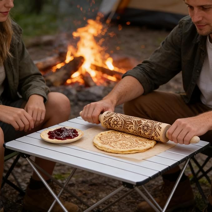 2 Pack Wooden Embossed Rolling Pin with Handles, Hardwood Dough Roller with Engraved Patterns, Kitchen Essential for Baking Pizza, Pies, Pastry, Cookies & Decorative Dough