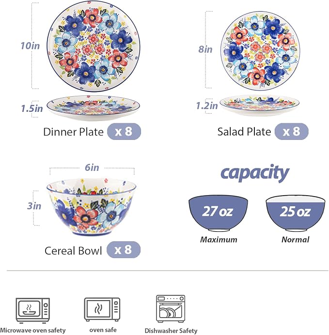 24-Piece Ceramic Dinnerware Set, Vibrant Floral, Service for 8, Colorful Floral Plates and Bowls, Microwave & Dishwasher Safe, Bohemian Style Porcelain Dish Set