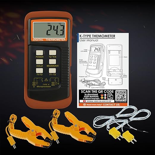 K Type Thermocouple Thermometer (-50~1300°C), Dual Channels Digital Thermometer with 2 Temperature Clamp 2 Wired Thermocouple Probes, High Accuracy Temperature Kelvin Scale Meter Tester