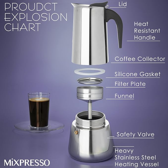 Mixpresso 12 Cup Greca Stovetop Espresso Pot 600ml/20oz, Moka Pot with Coffee Percolator Design, Stainless Steel Stove Top Coffee Maker for Camping or Home Use,Italian Stovetop Espresso Maker