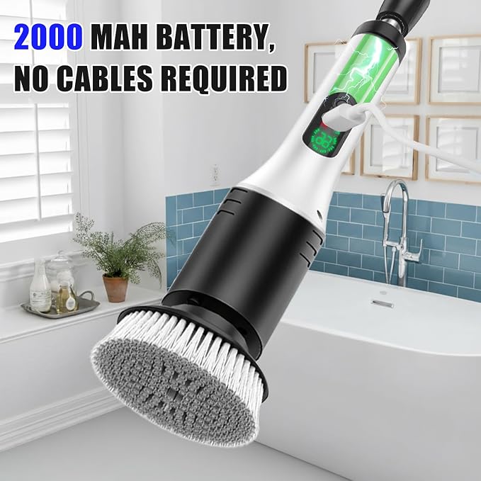 Electric Cleaning Brush, 9 in 1 Electric Brush with Interchangeable Drill Brush Heads, 2000mAh, Electric Clean Brush with Adjustable Handle, for Bathroom, Kitchen, Floor, Cordless
