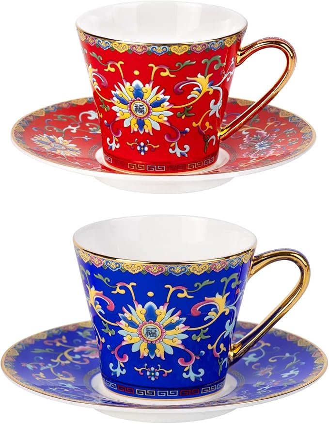 KAMMAK Tea Cups and Saucers Set of 2, Porcelain Coffee Cups, 8oz Stackable Espresso Mugs, Ceramic Demitasse for Coffee, Latte, Americano, Tea (629N+630N)