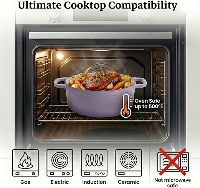 3.7 QT Enameled Cast Iron Dutch Oven with Lid, Purple - Heavy Duty Casserole Braiser Pot for Sourdough Bread, Roasting & Stews, Induction Compatible, Oven Safe 500°F for Small Families