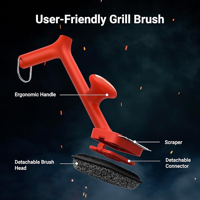 ThermoMaven Bristle-Free BBQ Grill Brush - No Wire Risk Steam Cleaner Removes Burnt Grease Fast - 17" Cool-Touch Handle, Scraper & 3 Replaceable Heads for Gas, Charcoal & Cast Iron